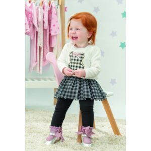 Ensemble bébé fille avec leggings brodés ourson et jupe à carreaux Noir Réf:07197 – Image 1